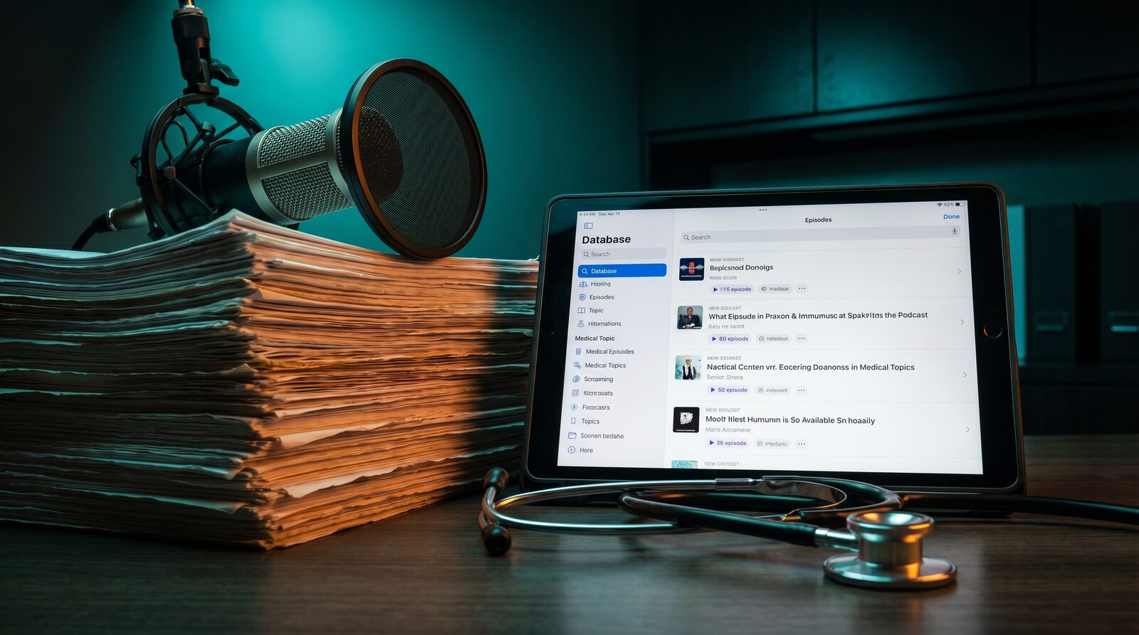 Accumulated medical knowledge — transcripts, database, microphone, stethoscope